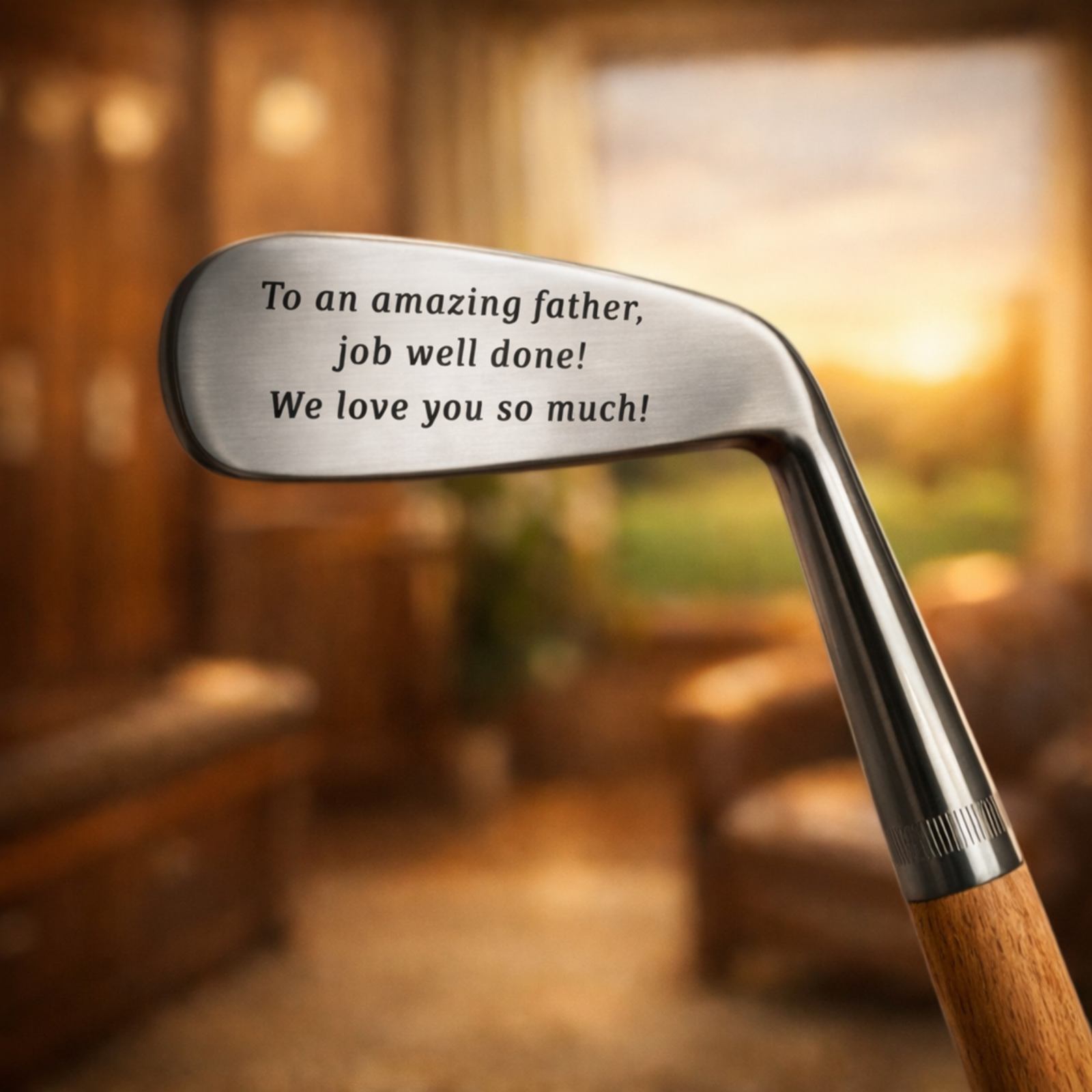 An engraved classic hickory golf club, the kind of retirement gift with enough room for a full golf quote and its attribution, from a guide to golf retirement quotes.