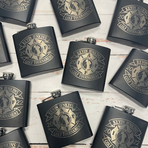 Scramble Squad logo golf flask packed in a tournament player gift bag from Groovy Golfer