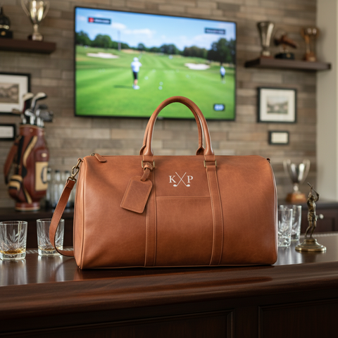 Tan leather golf duffle bag monogrammed with crossed clubs and initials, on a clubhouse bar with trophies behind it.