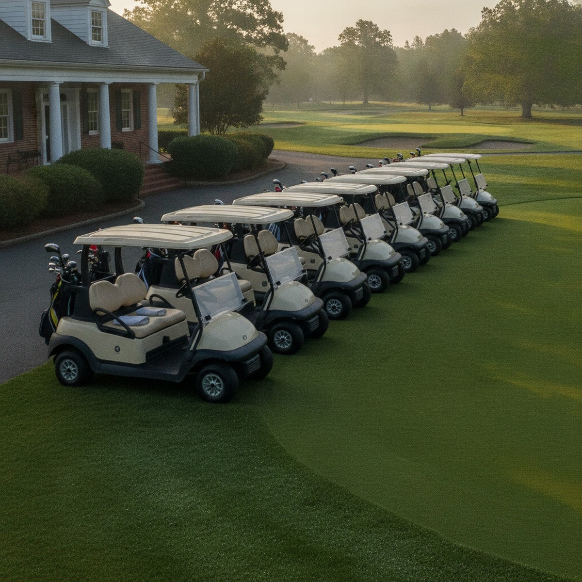 A row of golf carts staged outside a country-club clubhouse at sunrise, ready for a shotgun-start tournament, for golf outing day-of logistics.