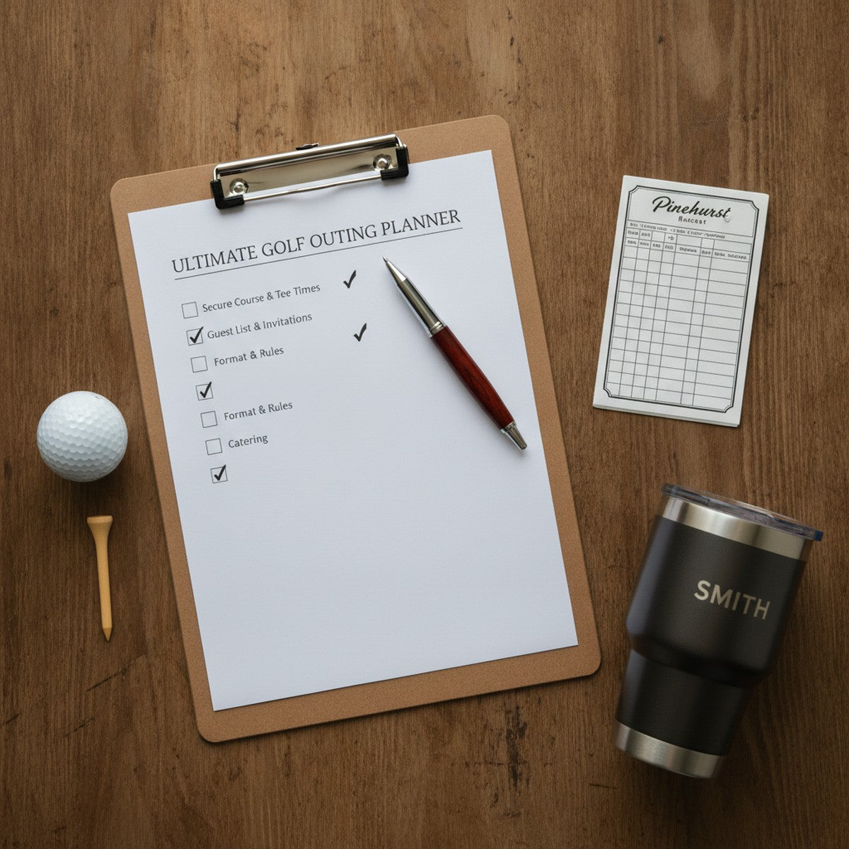 Overhead flat-lay of an Ultimate Golf Outing Planner checklist on a clipboard with checked-off tasks, a pen, golf ball, tee, scorecard, and a personalized golf tumbler on walnut wood.