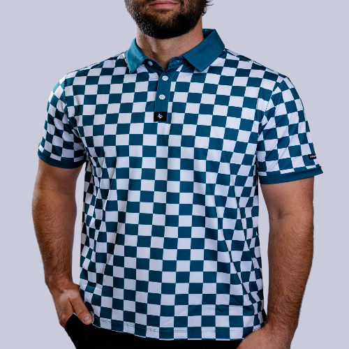 Men’s green and white checkered polo – micro-check design with stretch, breathability, and a modern athletic fit.