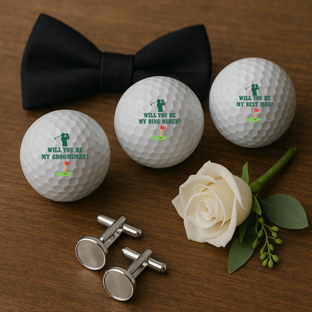 Golf ball with “Will You Be My Groomsman?” text and golfer design