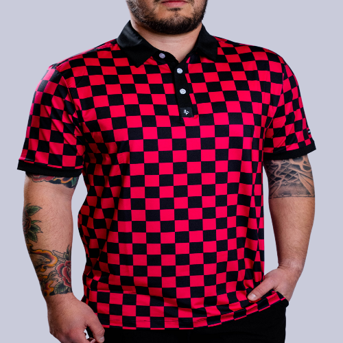 Men’s red and black micro-check polo – bold grid pattern with stretch, moisture control, and wrinkle resistance.
