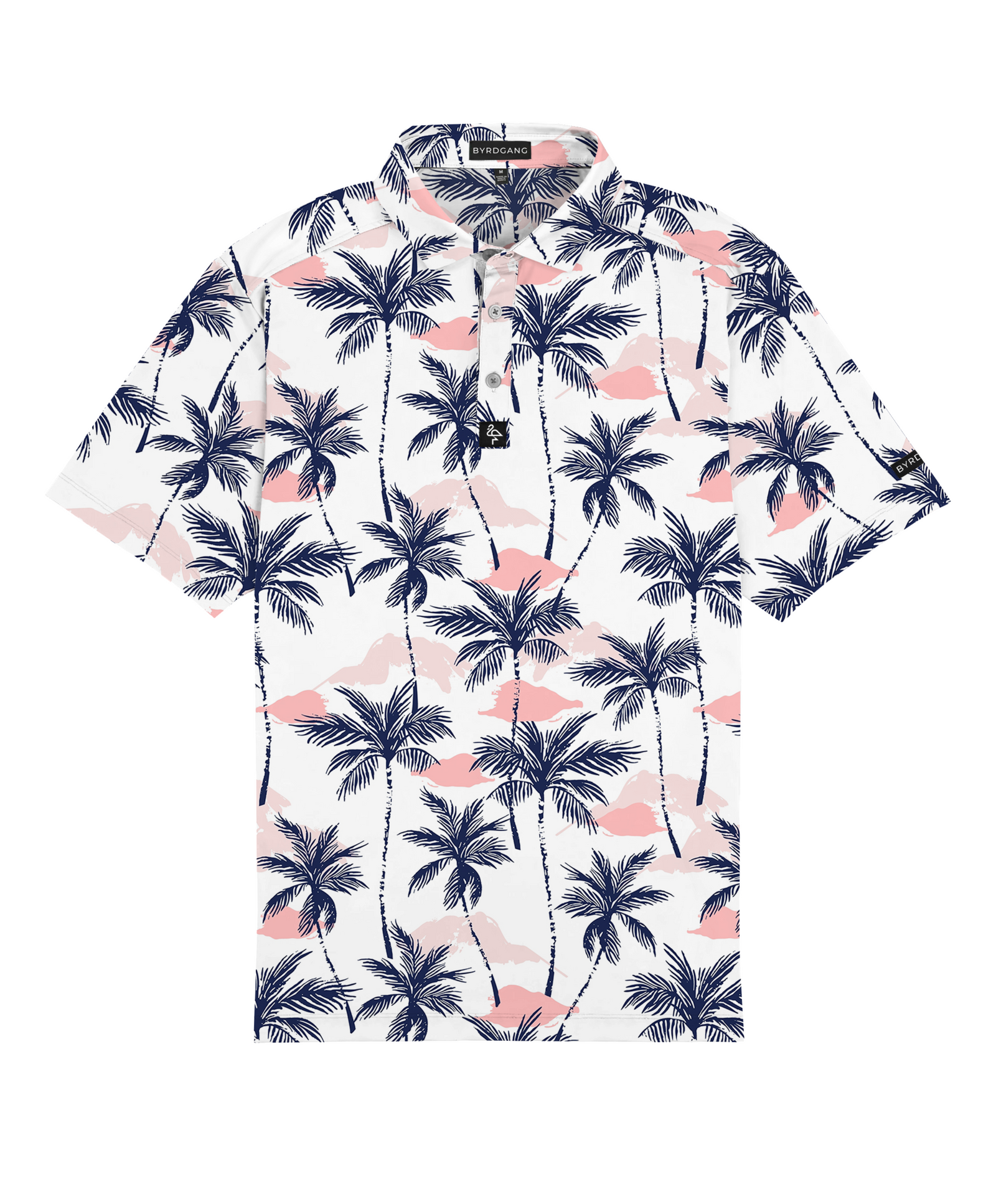 Men’s white polo with vibrant green and pink palm tree print – tropical feel with stretch, moisture control, and wrinkle resistance.