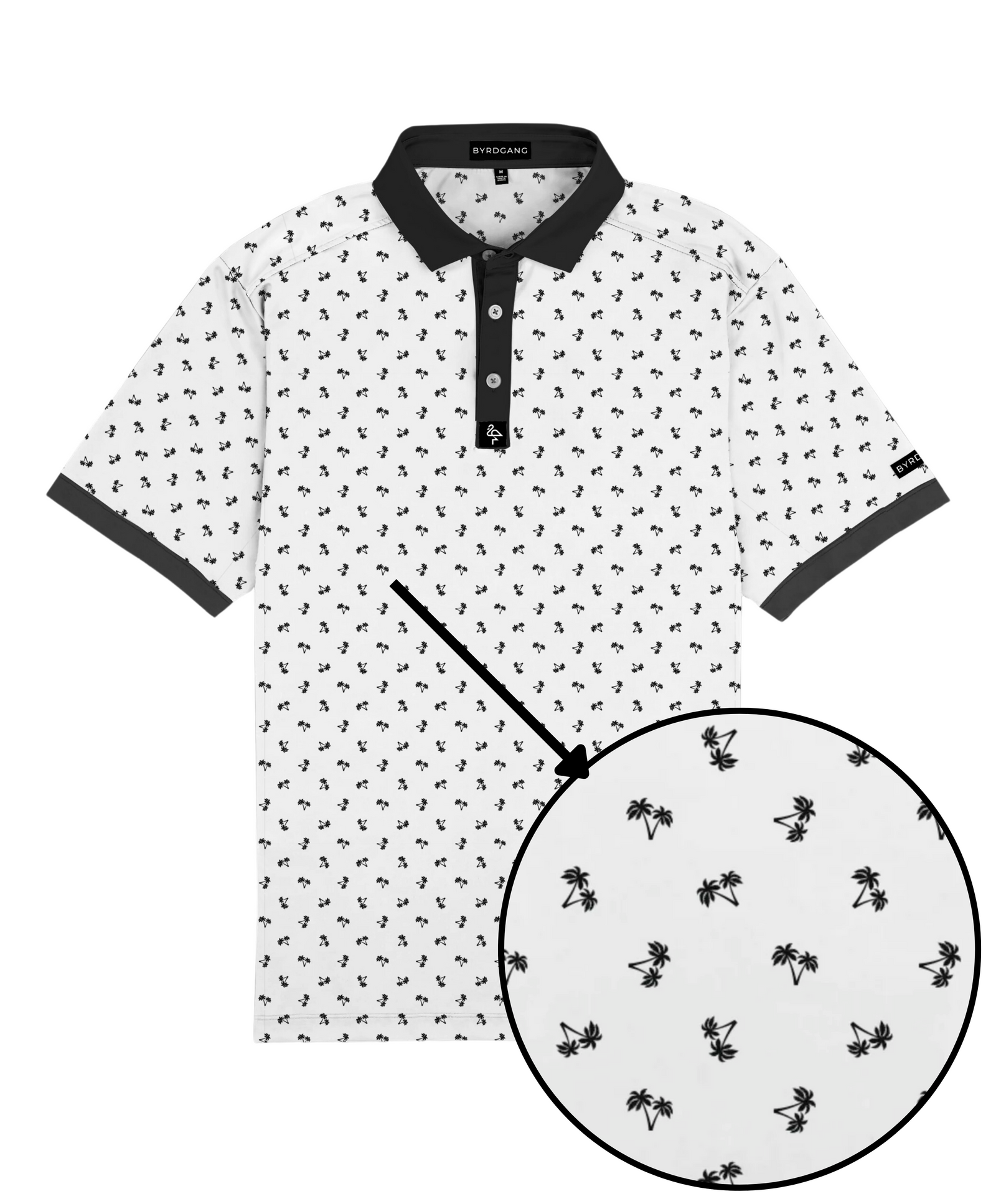 Men’s white polo with small navy palm leaf print and contrast collar – tropical-infused, stretch-performance ready.