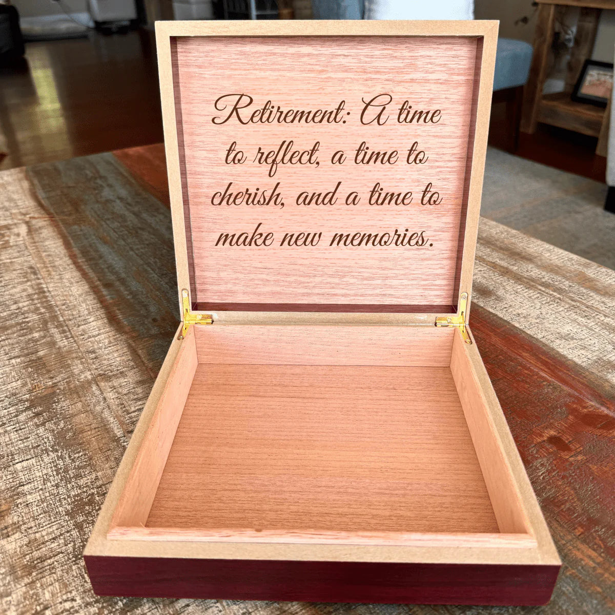 Wooden golf retirement memory box with custom name and engraved message