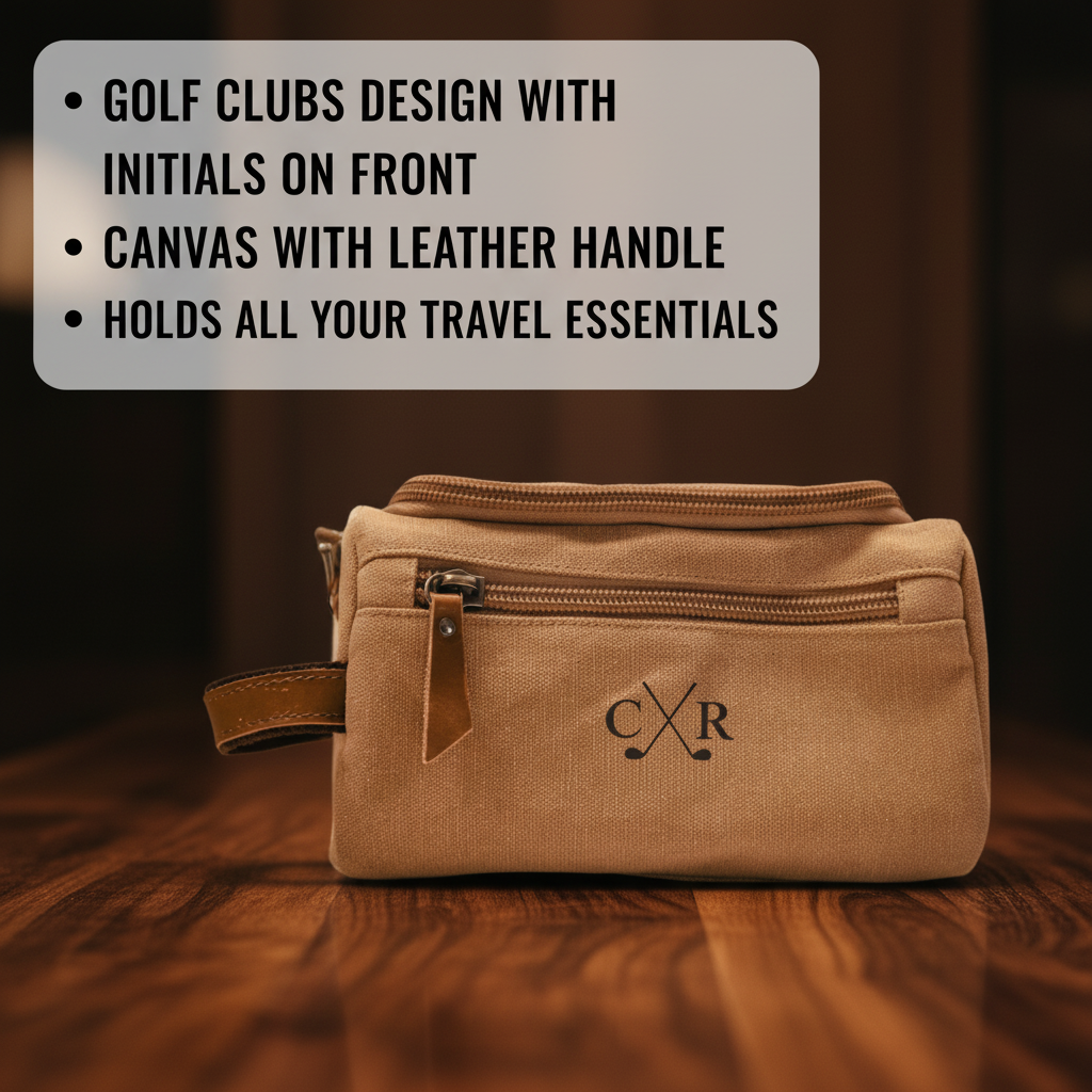 Tan canvas toiletry bag with leather handle, embroidered with sample initials "CXR" and crossed golf clubs design on front