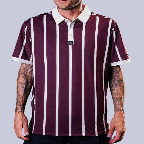 Men’s red and cream vertical stripe polo with crisp collar — varsity-inspired style with stretch, sun protection, and wrinkle resistance.