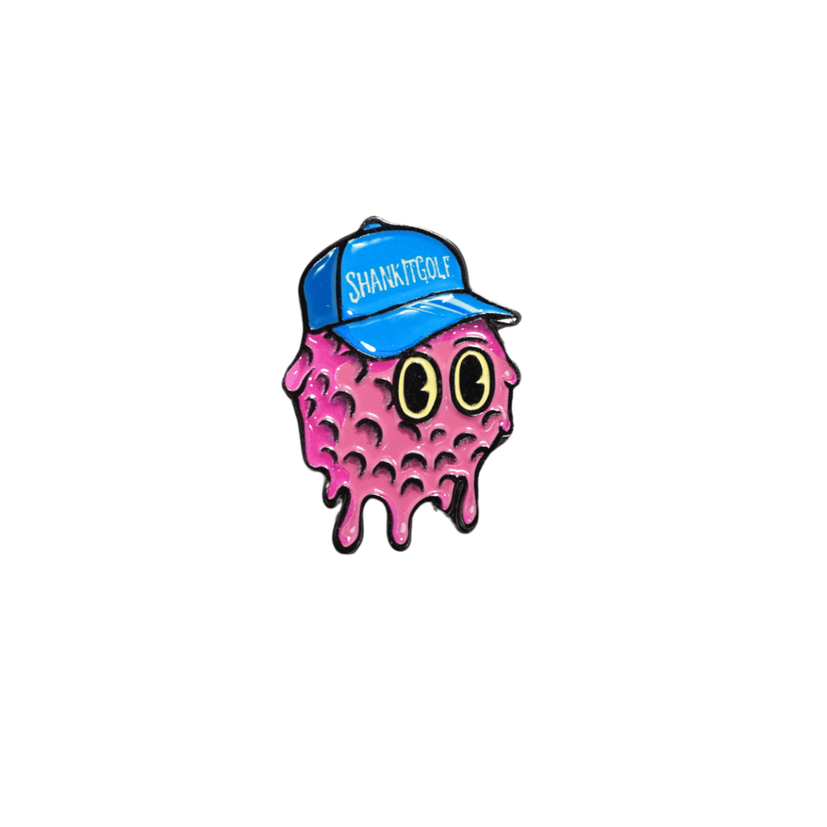Pink cartoon character wearing a blue cap with 'SHARKITGOLF' text on a white background