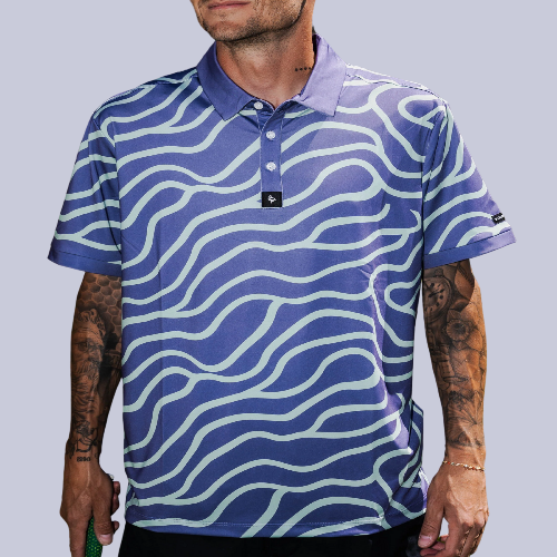 Men’s mint green and chocolate swirl pattern polo – bold, breathable, stretch-performance shirt.