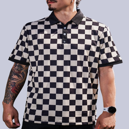 Men’s black-and-white checkerboard polo – retro-inspired, breathable, stretch-performance ready.