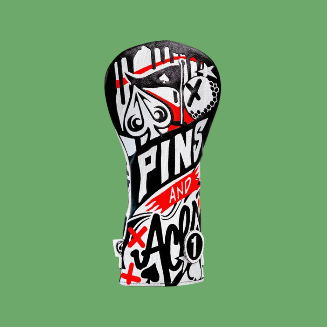 Graffiti style golf driver headcover in black, white, and red with bold hand-lettered typography and golf iconography