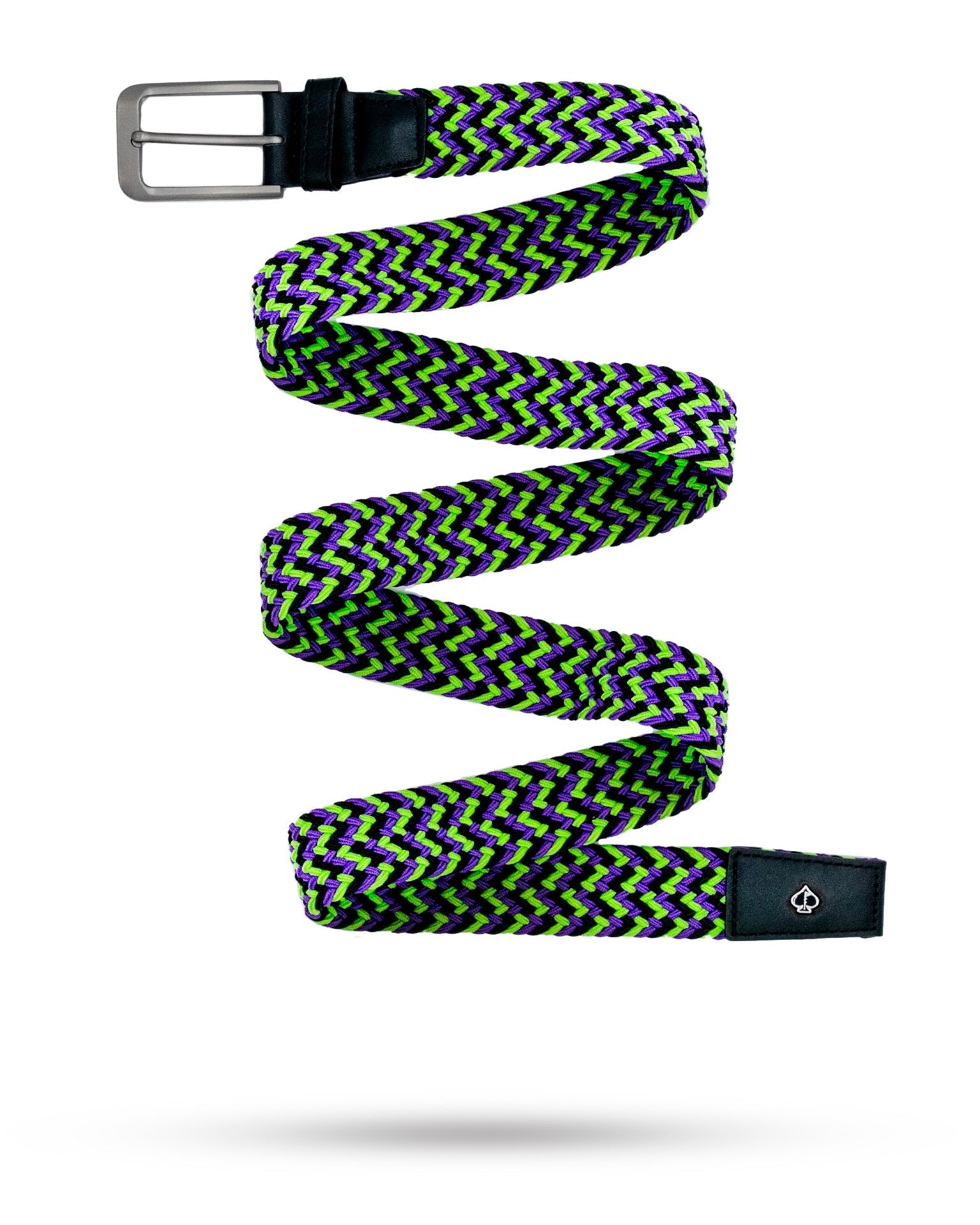 Joker-inspired green purple and black braided golf belt with stainless buckle