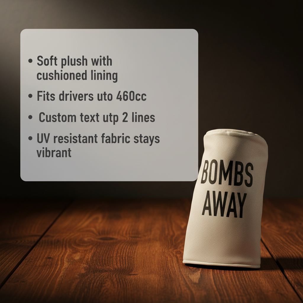 Cream barrel-style driver headcover printed with sample text "BOMBS AWAY" displayed on wooden surface with feature callouts
