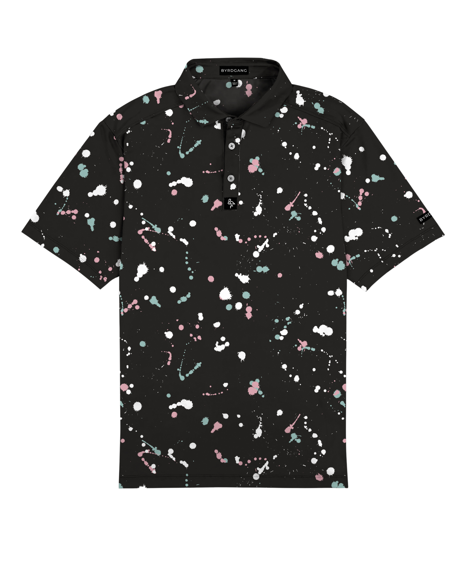 Men’s black polo with gray-white drip-speck pattern – urban-inspired, breathable, stretch-performance ready.