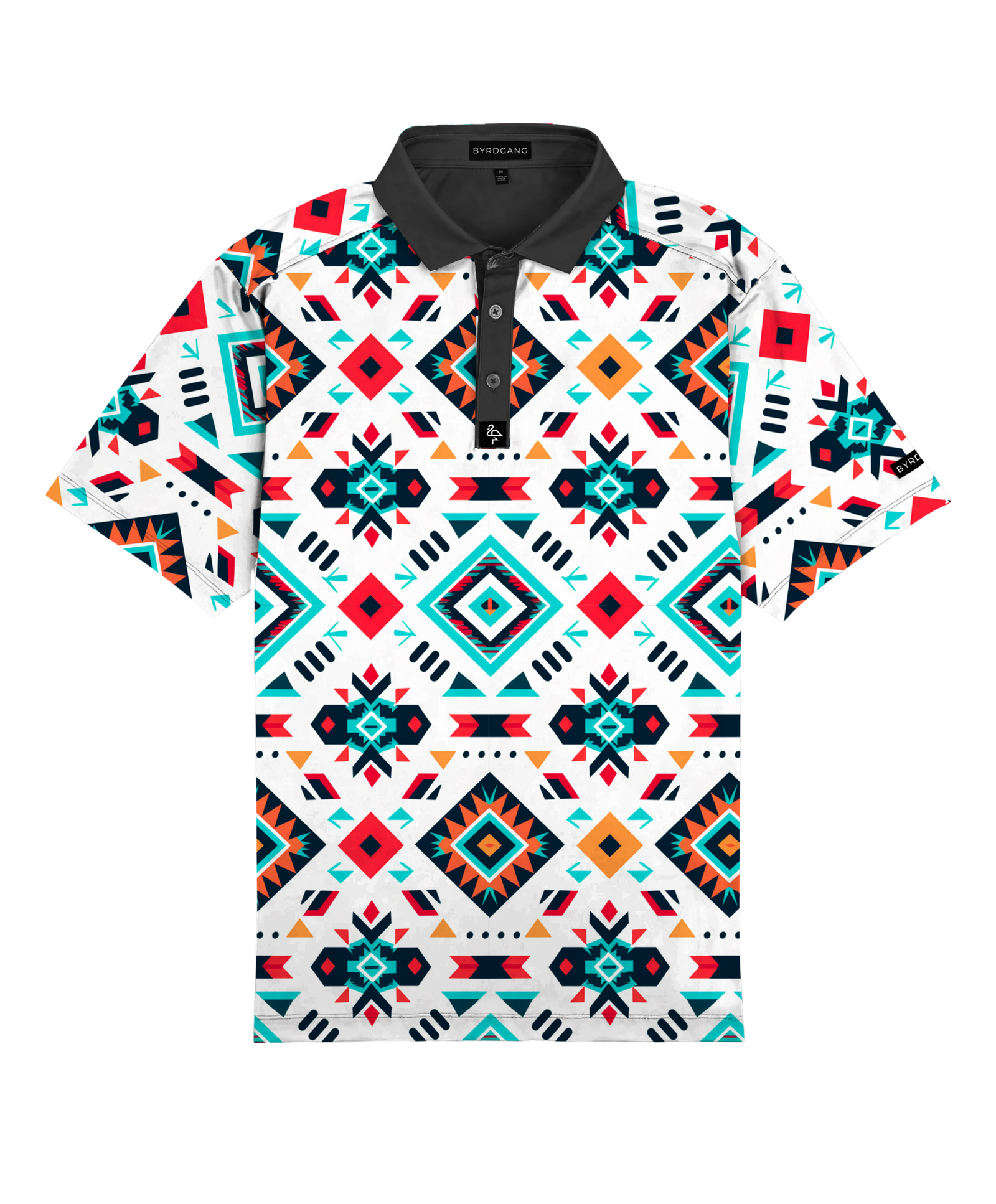 Men’s Aztec-print polo with tribal geometric motifs – vibrant, breathable, stretch-fit with performance features.