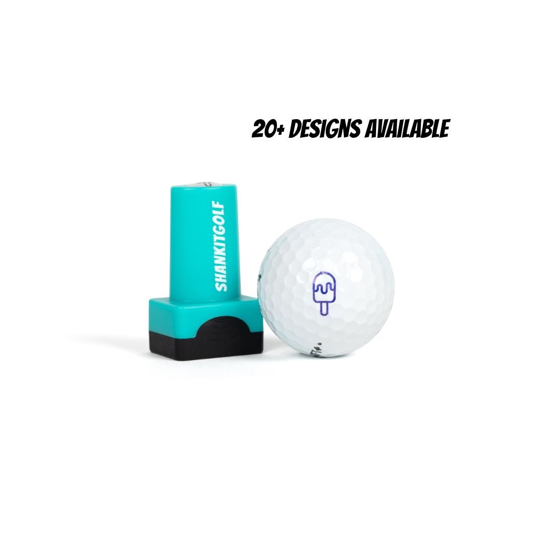 Turquoise and black golf ball stamp with white text reading "SHANKITGOLF" next to a white golf ball stamped with a purple popsicle design