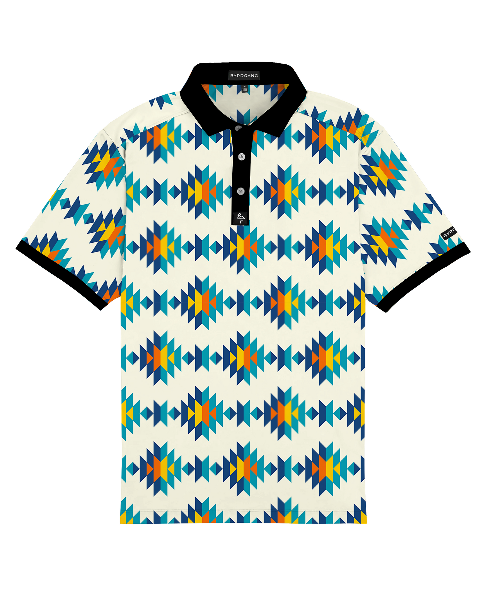 White Aztec polo with teal, orange & navy diamond pattern, 4‑way stretch, UPF 50+, moisture‑wicking, anti‑odor & wrinkle resistance.