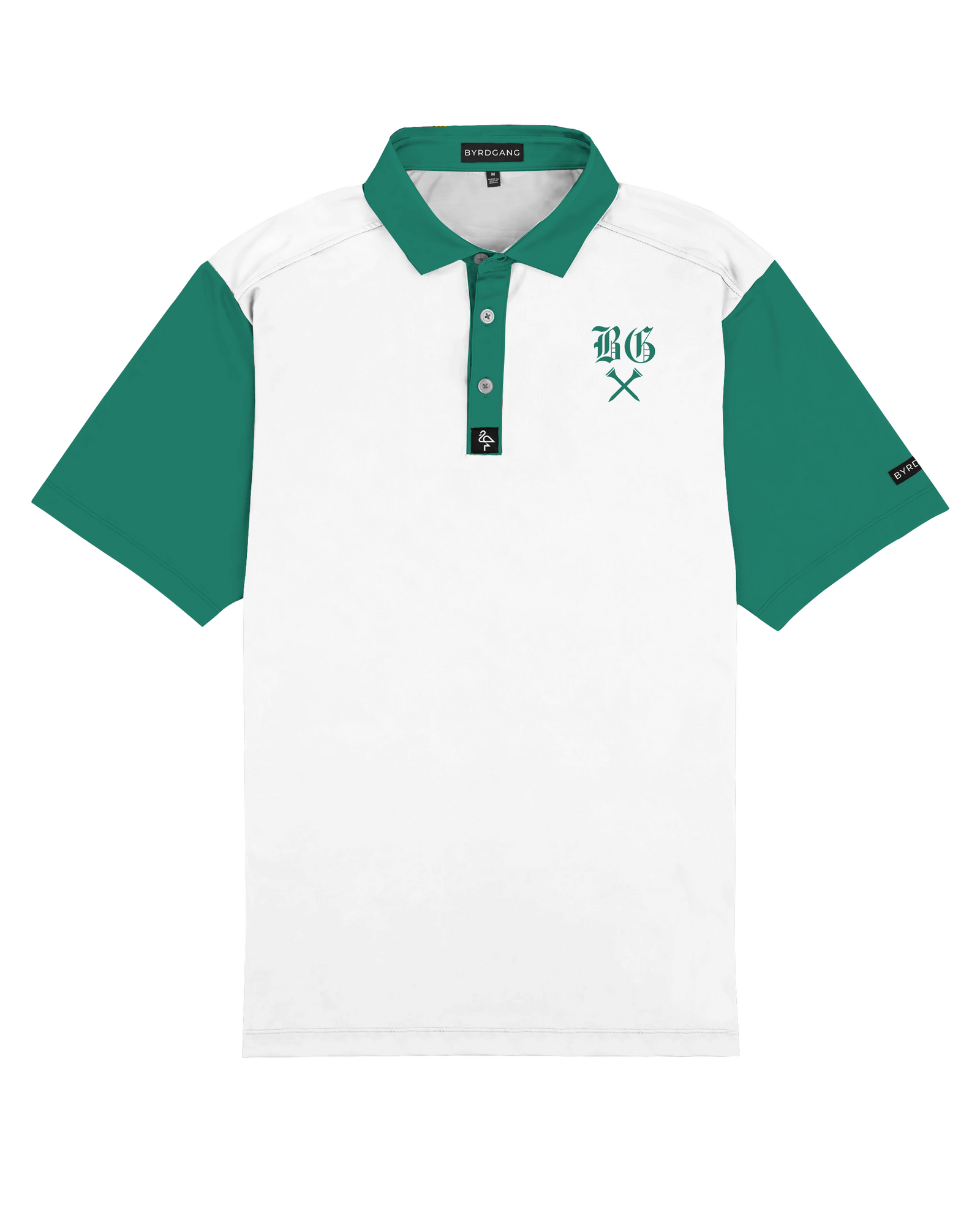 Men's white polo with green BG logo print – breathable, stretch fit with moisture control and wrinkle resistance.