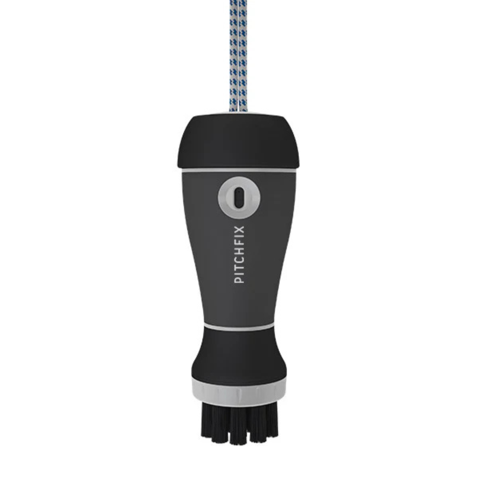 Black Aquabrush golf club cleaner with gray accents, blue houndstooth lanyard, and "PITCHFIX" branding on the side with sample logo circle