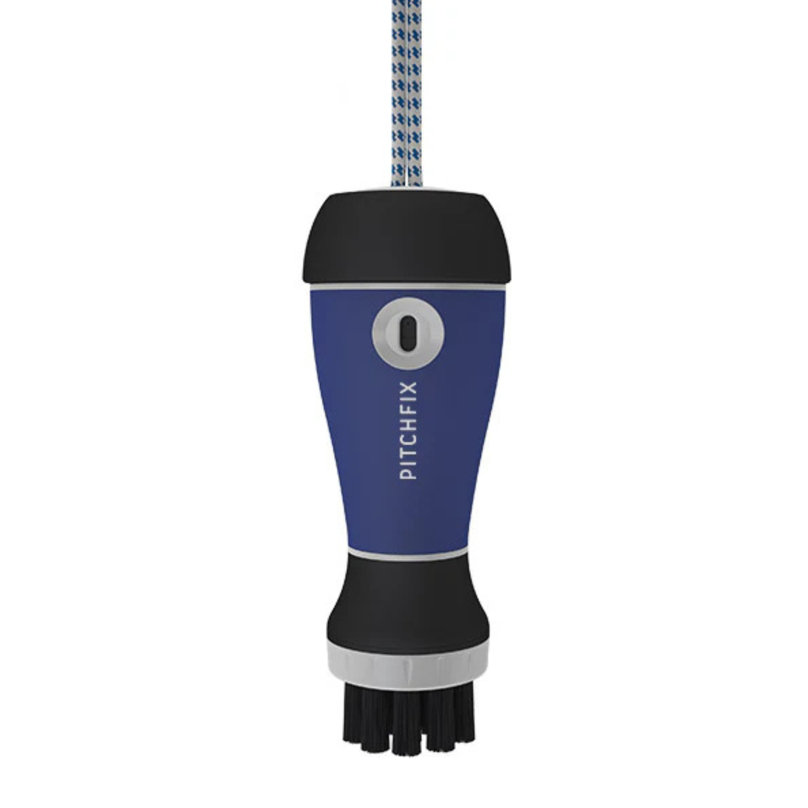 Navy and black Aquabrush golf club brush with built-in water spray system, hanging from blue and gray cord, showing sample engraving of "0" and "PITCHFIX" text on barrel