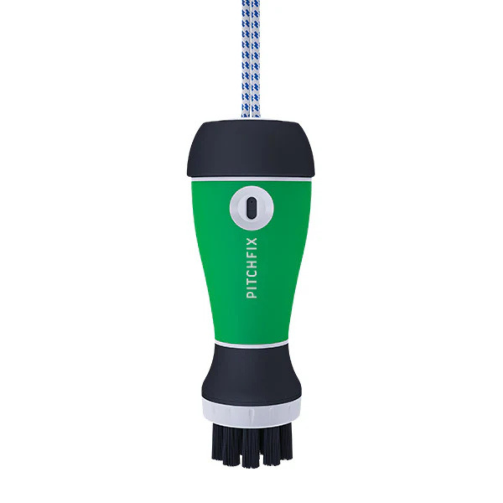 Green and black Aquabrush golf club cleaner with integrated spray system, featuring sample "PITCHFIX" text and hanging loop with blue and white patterned cord