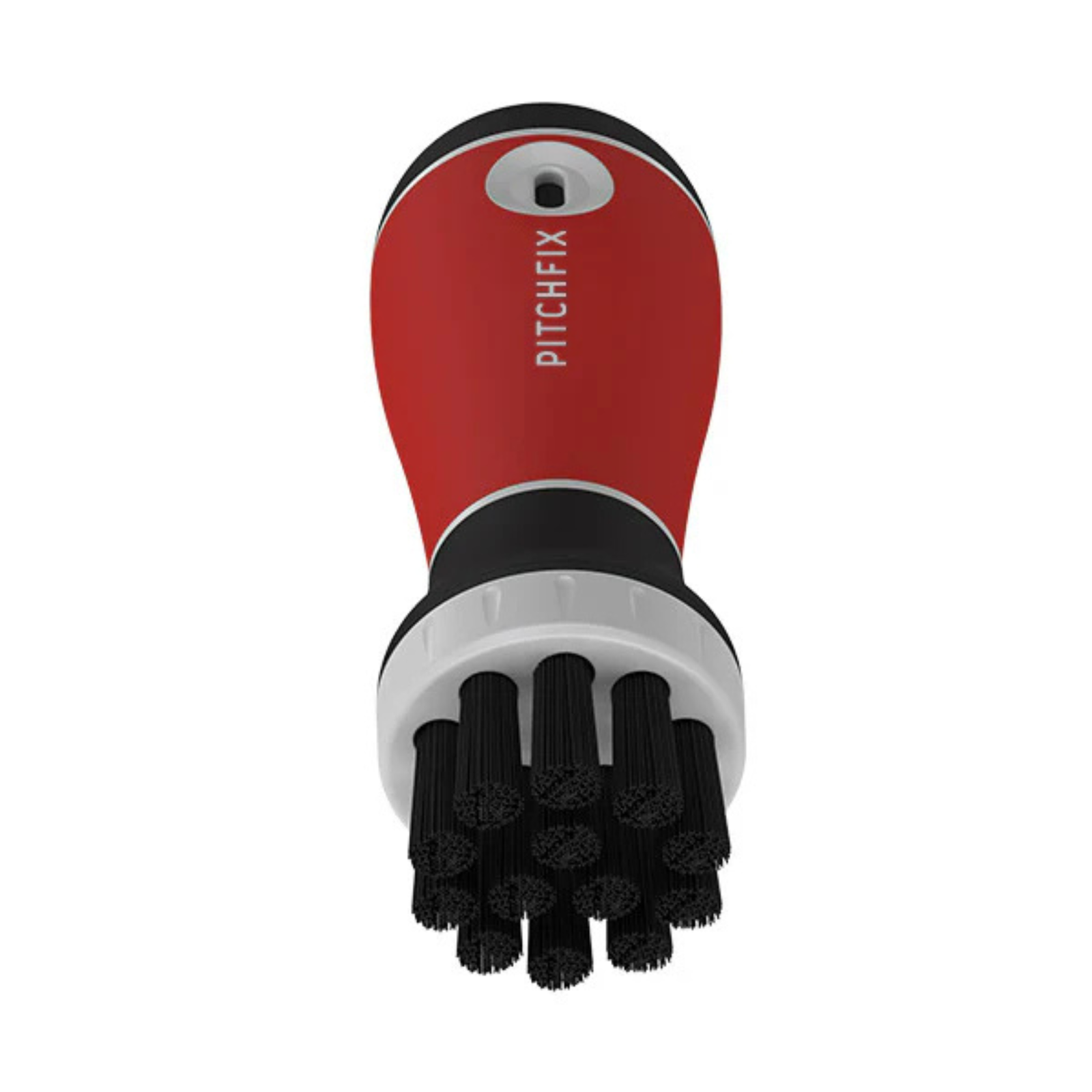 Red and black Aquabrush golf club brush with built-in spray system, shown from overhead view displaying bristle head and sample engraved text "PITCHFIX" on cap