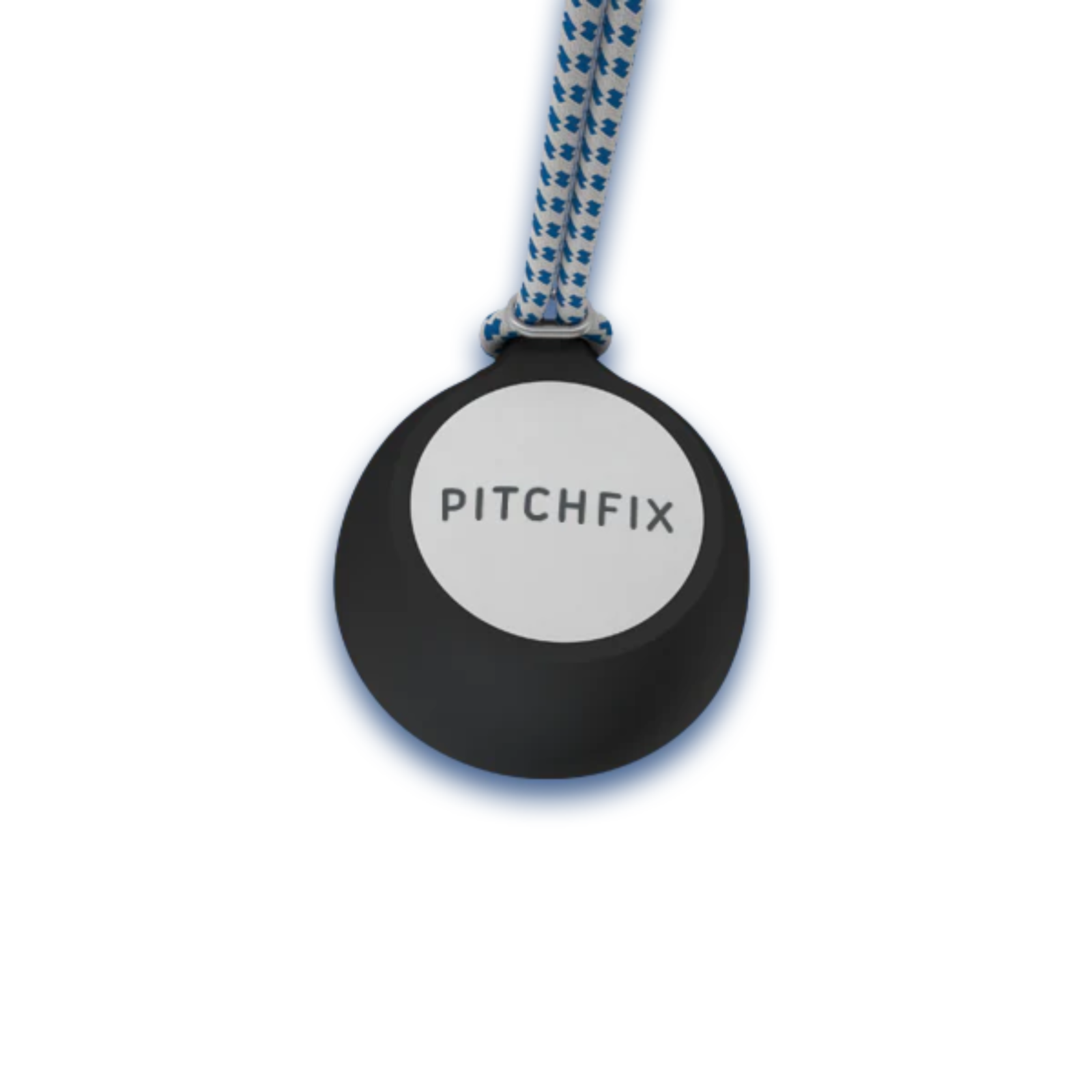 Black spherical golf club brush with white circular center panel displaying "PITCHFIX" text, attached to blue and white patterned lanyard cord