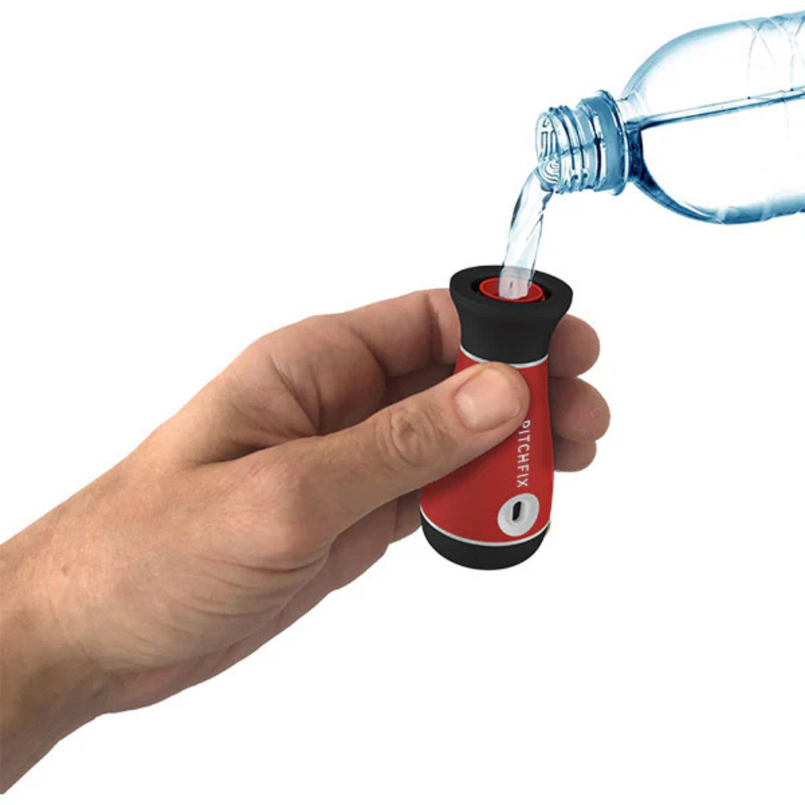 Red and black golf club brush with integrated water spray system being demonstrated with water pouring from bottle into the brush head
