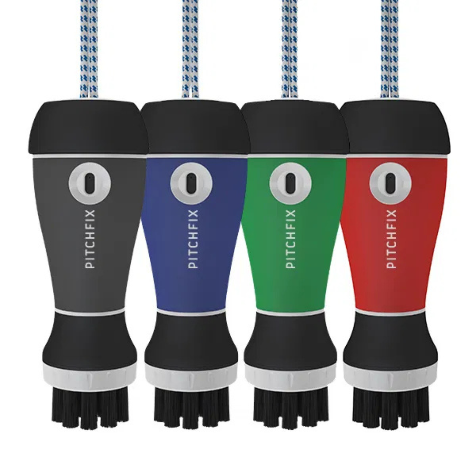 Four golf club brushes in charcoal, navy, green, and red with black bases, each displaying "PITCHFIX" branding and a sample circle logo on the colored band.