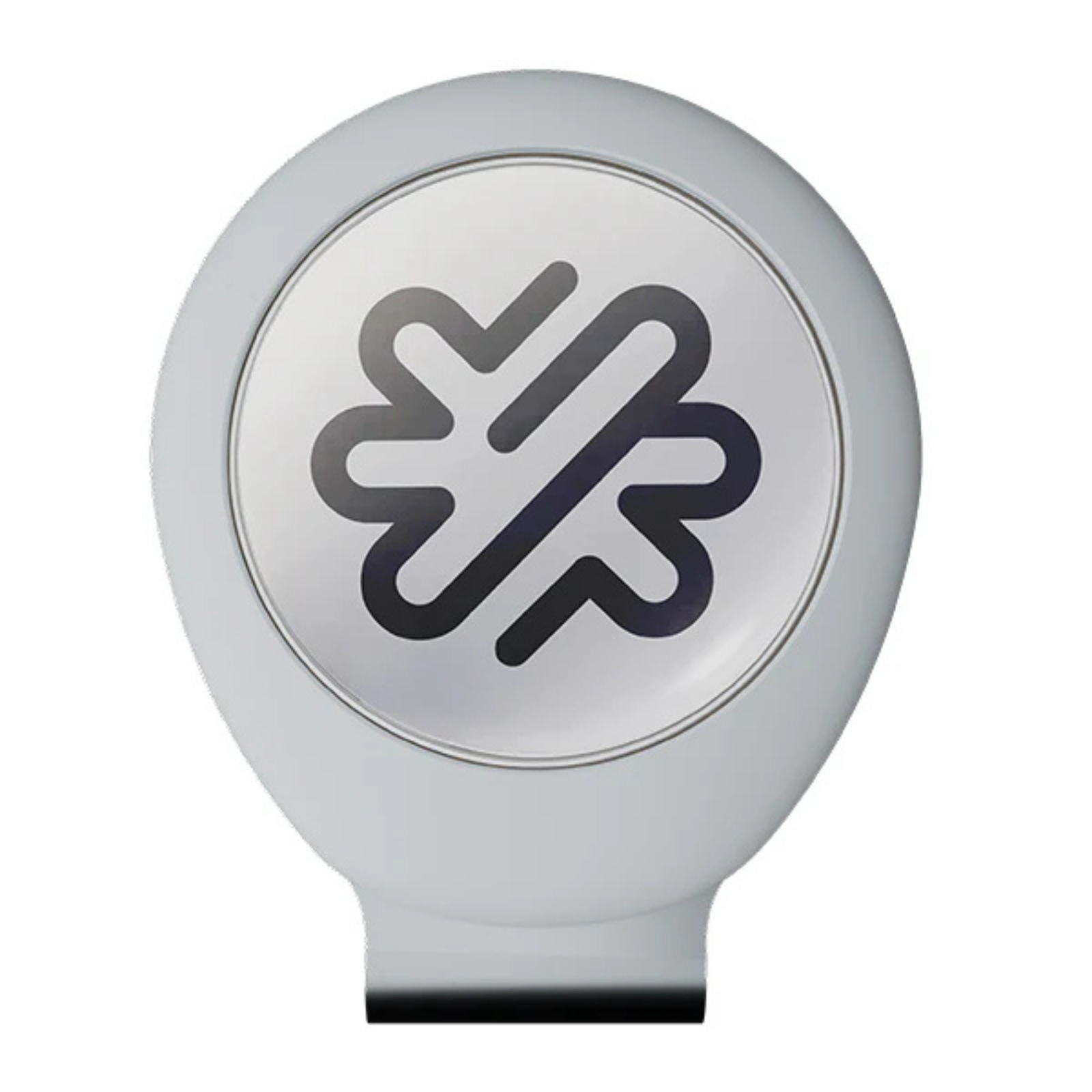 Gray oval hatclip with integrated magnetic base and stylized icon design on white face, shown front view with black stand attachment