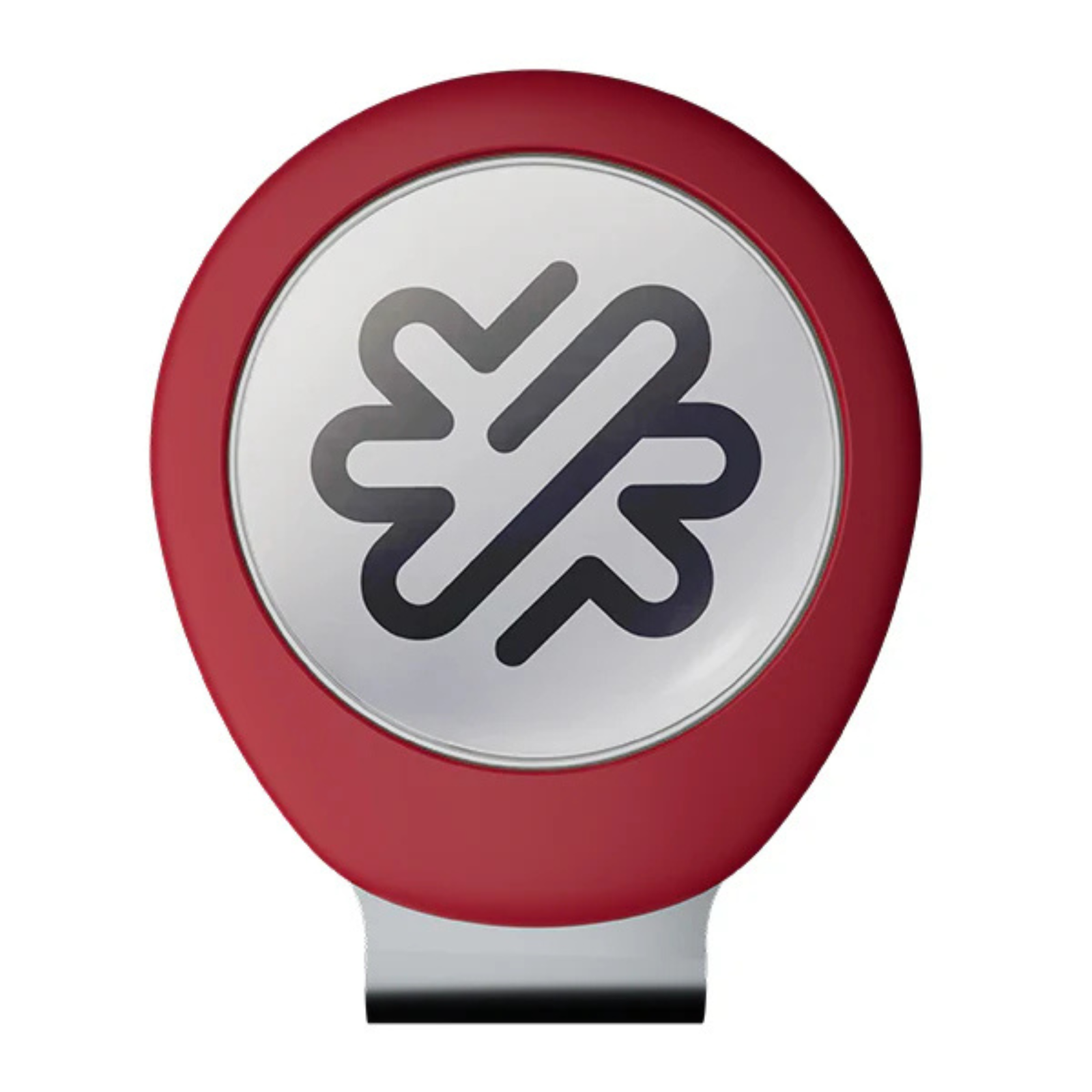 Red oval hatclip with white face displaying dark gray stylized cloverleaf logo and integrated magnetic base with black clip attachment
