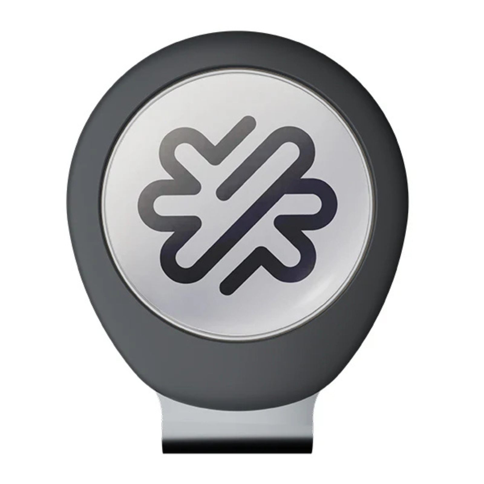 Oval hatclip with dark gray rubber grip and silver face displaying a stylized star logo design with magnetic ball marker attachment point
