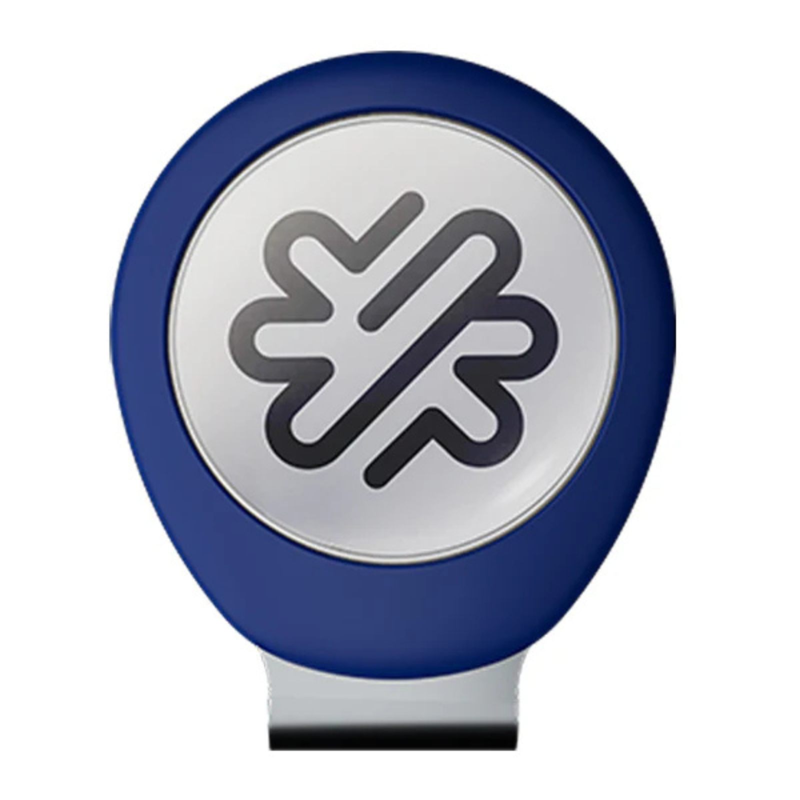 Navy blue hatclip with silver circular face featuring gray four-leaf clover and diagonal line logo design