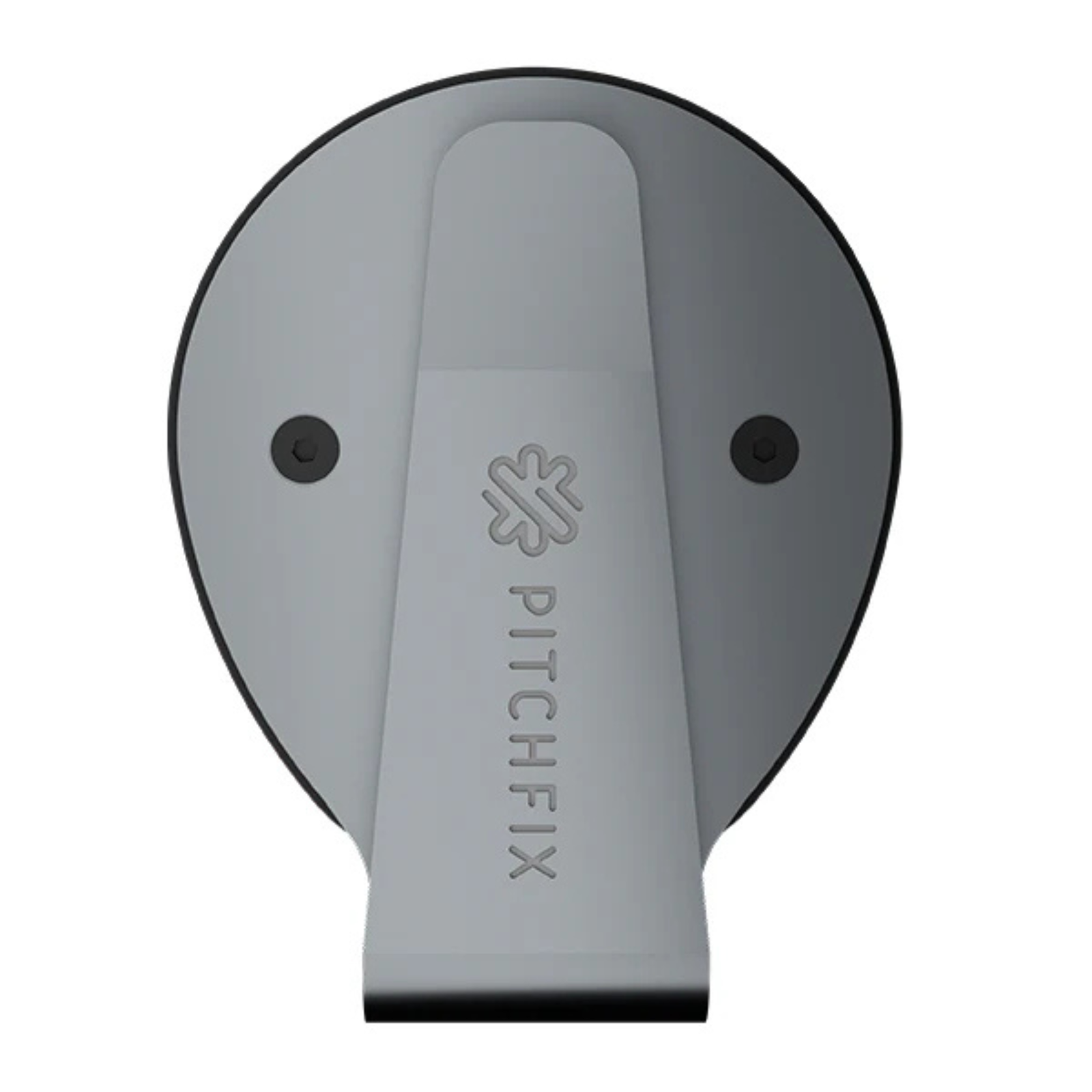 Gray hatclip with integrated magnetic ball marker attachment, shown from overhead view with two dark button details on either side and branding text on the center shaft