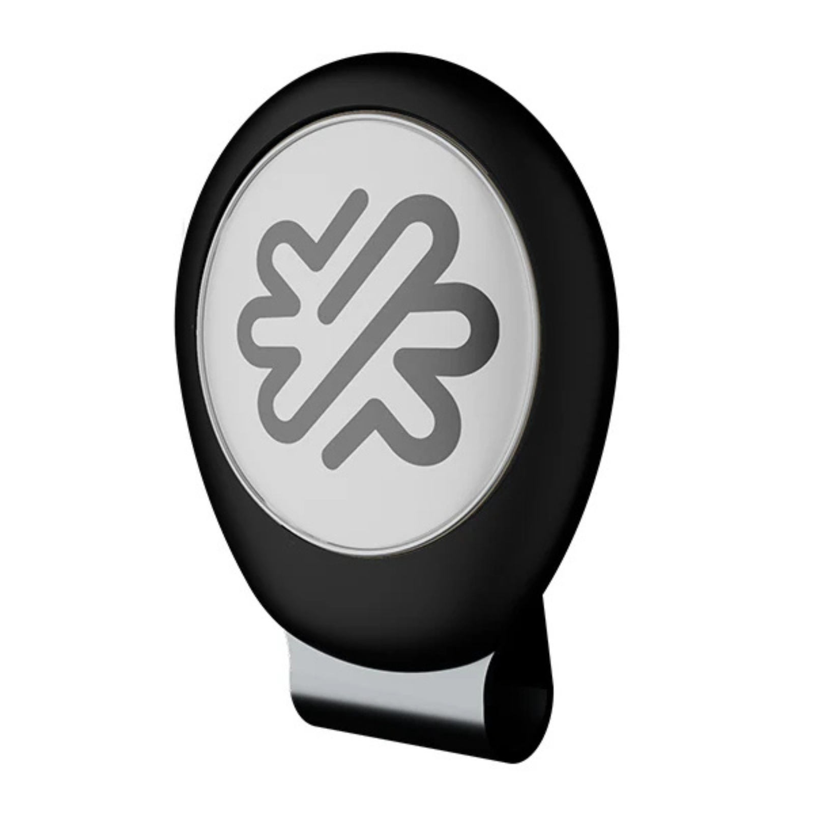 Black oval hatclip with white face displaying gray golf cleat logo design and magnetic base for ball marker attachment