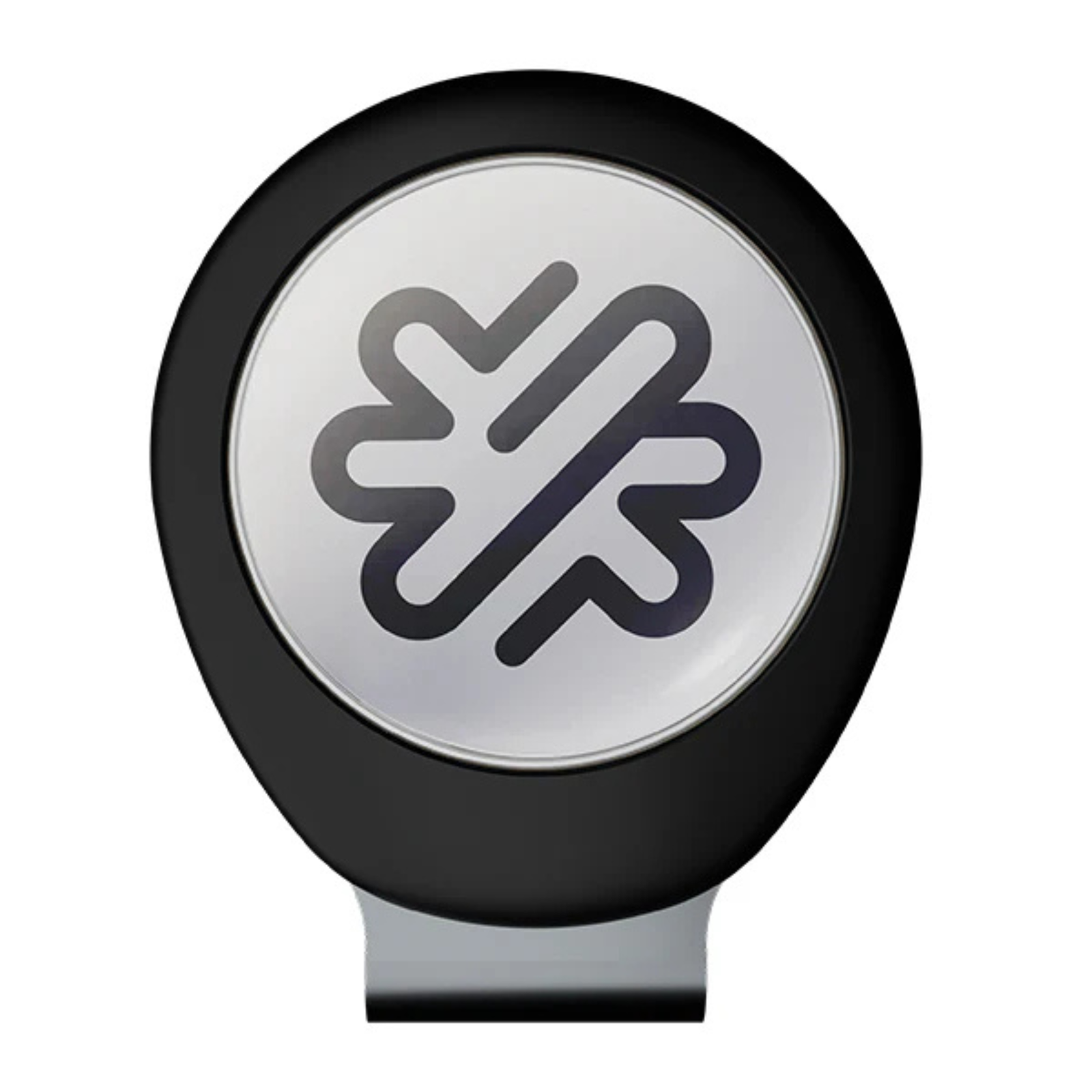 Black oval hatclip with silver face displaying four-leaf clover logo design and integrated magnetic base for ball marker attachment