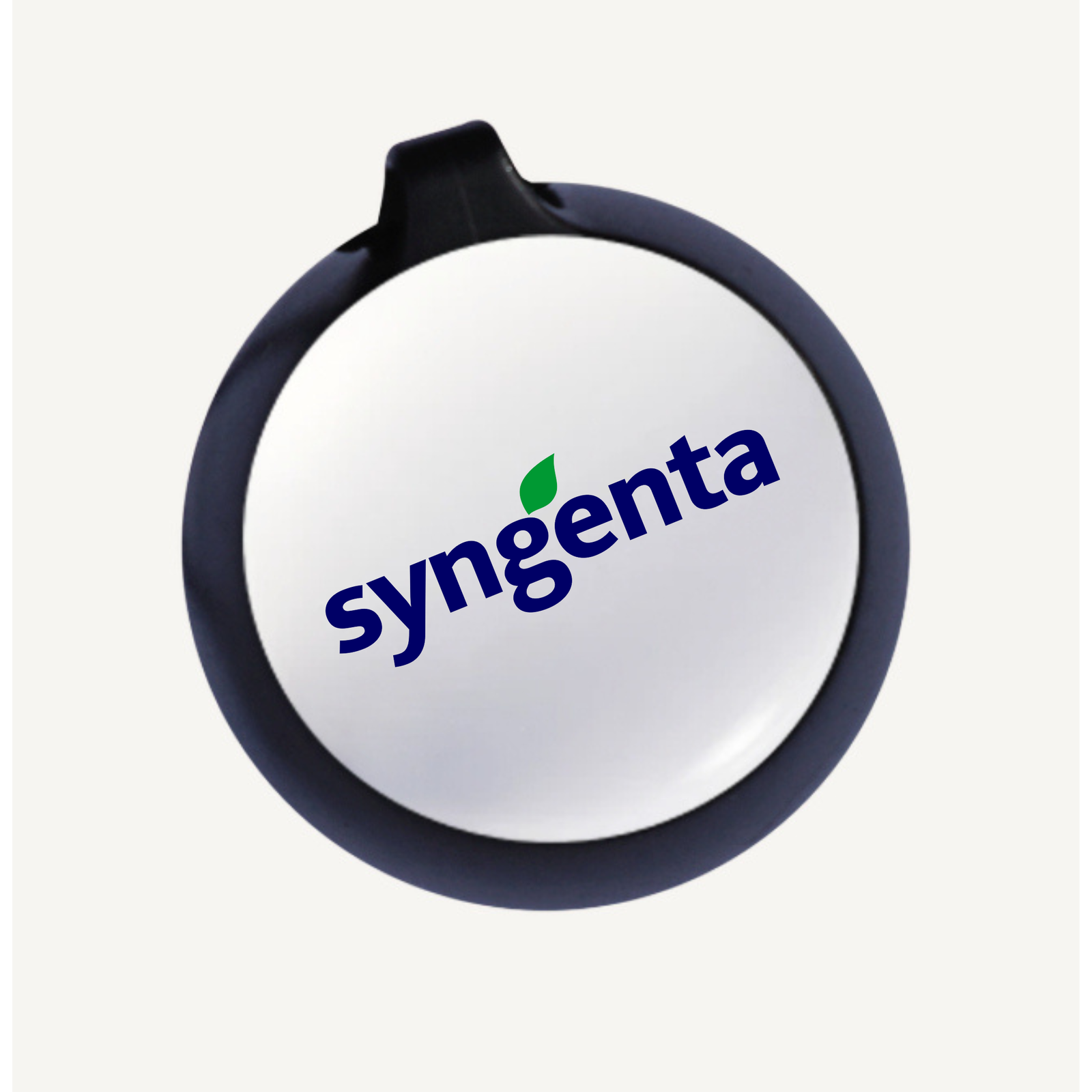 Navy rubberized club brush with black cap and white circular face displaying sample Syngenta logo and green leaf icon