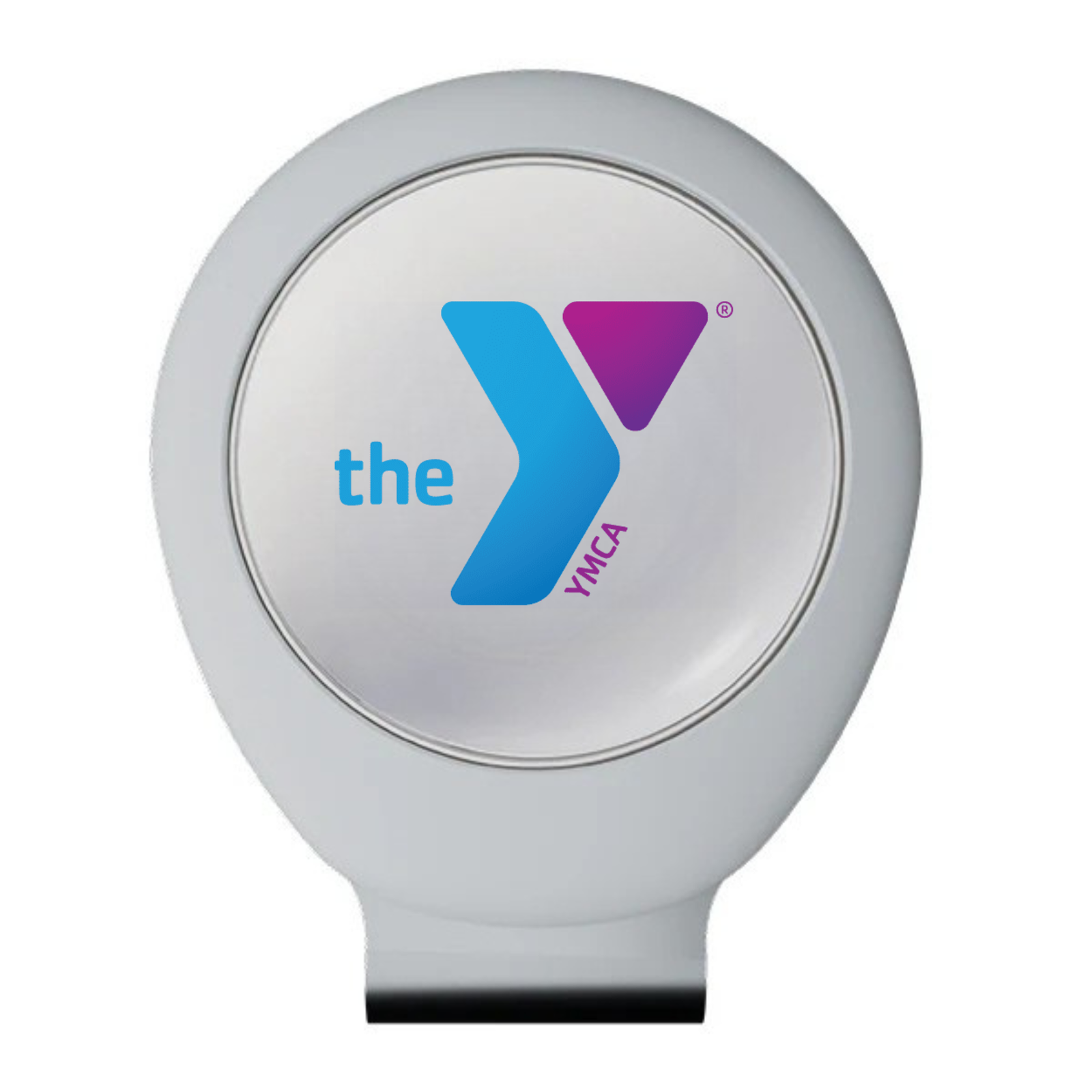 Gray oval hatclip with integrated magnetic ball marker base, printed with blue and purple YMCA logo and text on white circular face