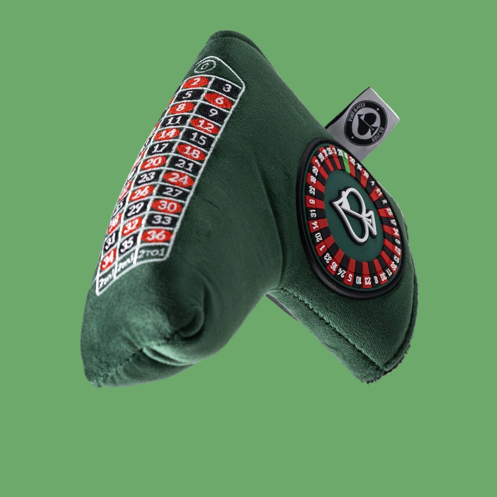 Green roulette-themed golf putter cover with embroidered casino design