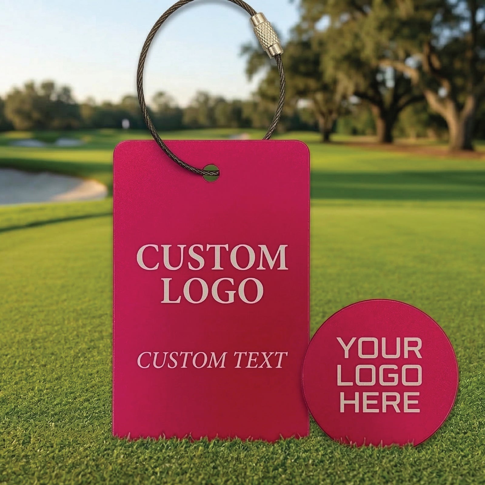 Bright pink bag tag with brass wire loop and matching circular ball marker, displaying sample custom logo and text placement on golf course background