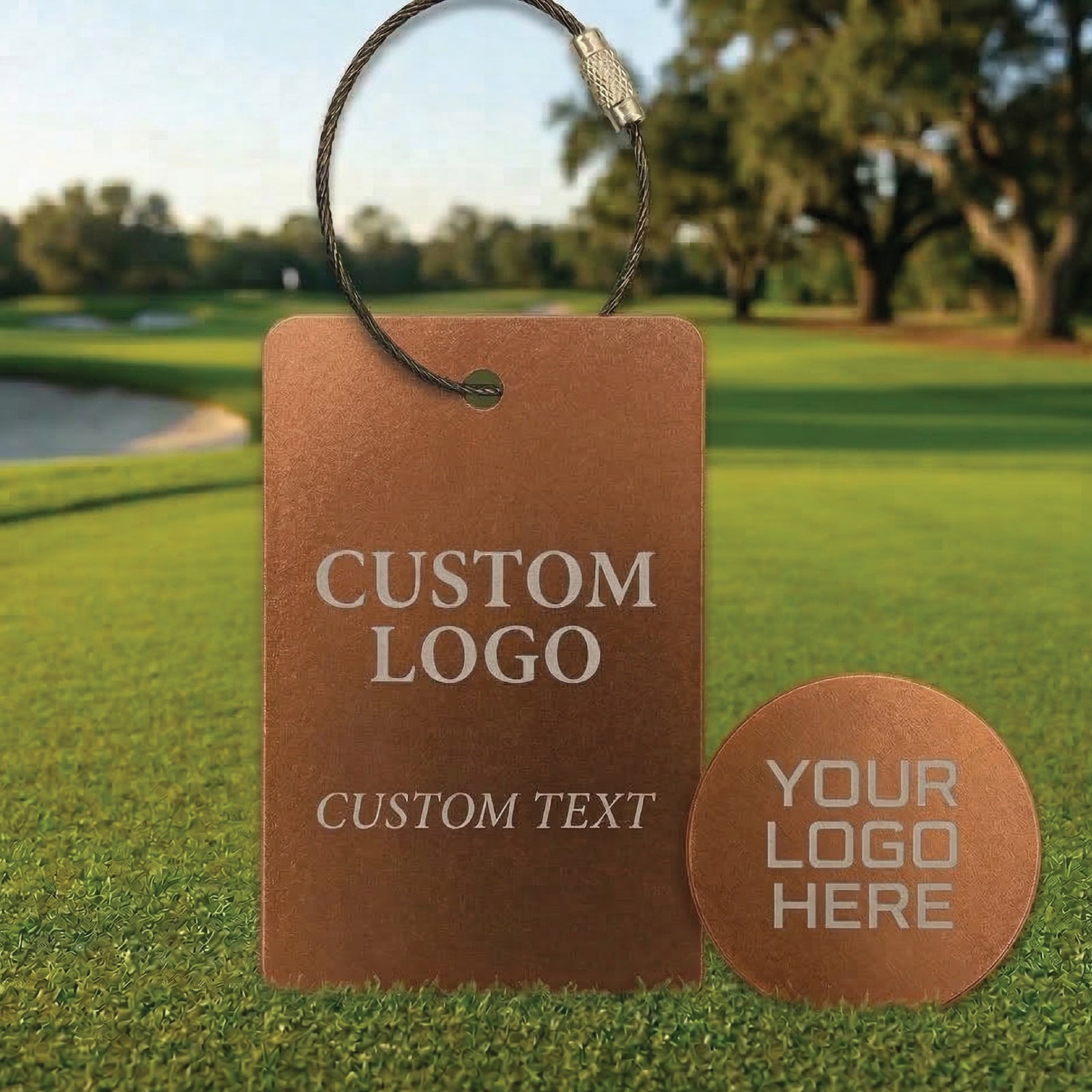 Copper bag tag with braided cord and matching circular ball marker, both engraved with sample custom logo and text, displayed on golf course