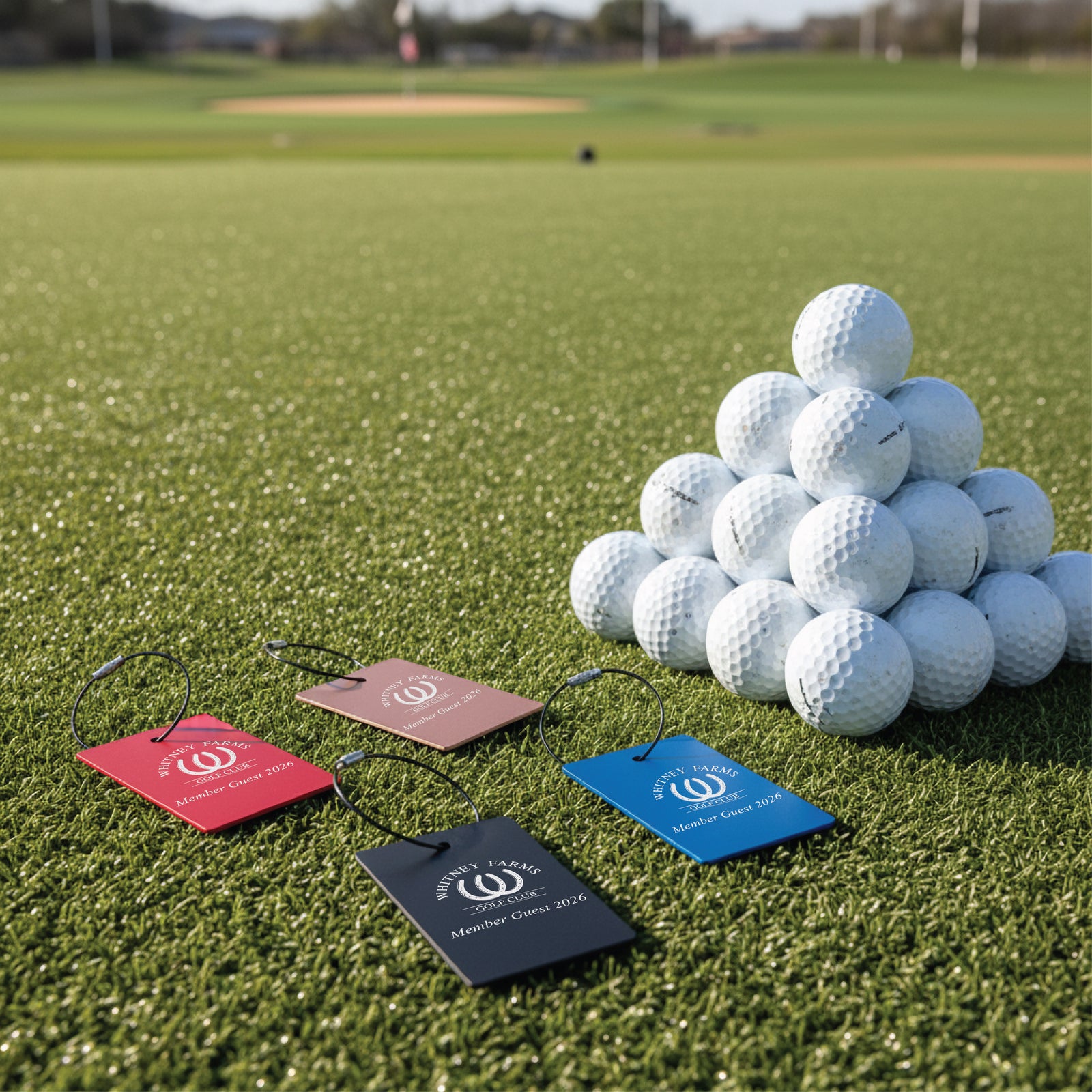 Pyramid stack of white golf balls next to four custom logo golf tags in red, taupe, blue, and black with sample text "Member Guest 2026" on a practice green.