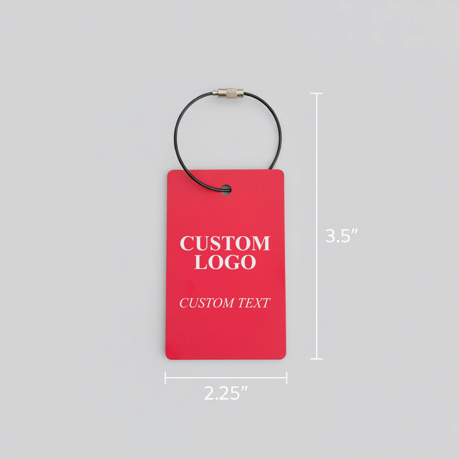 Red golf bag tag with black cable loop and metal connector, displaying sample custom logo and text areas, measuring 3.5" by 2.25