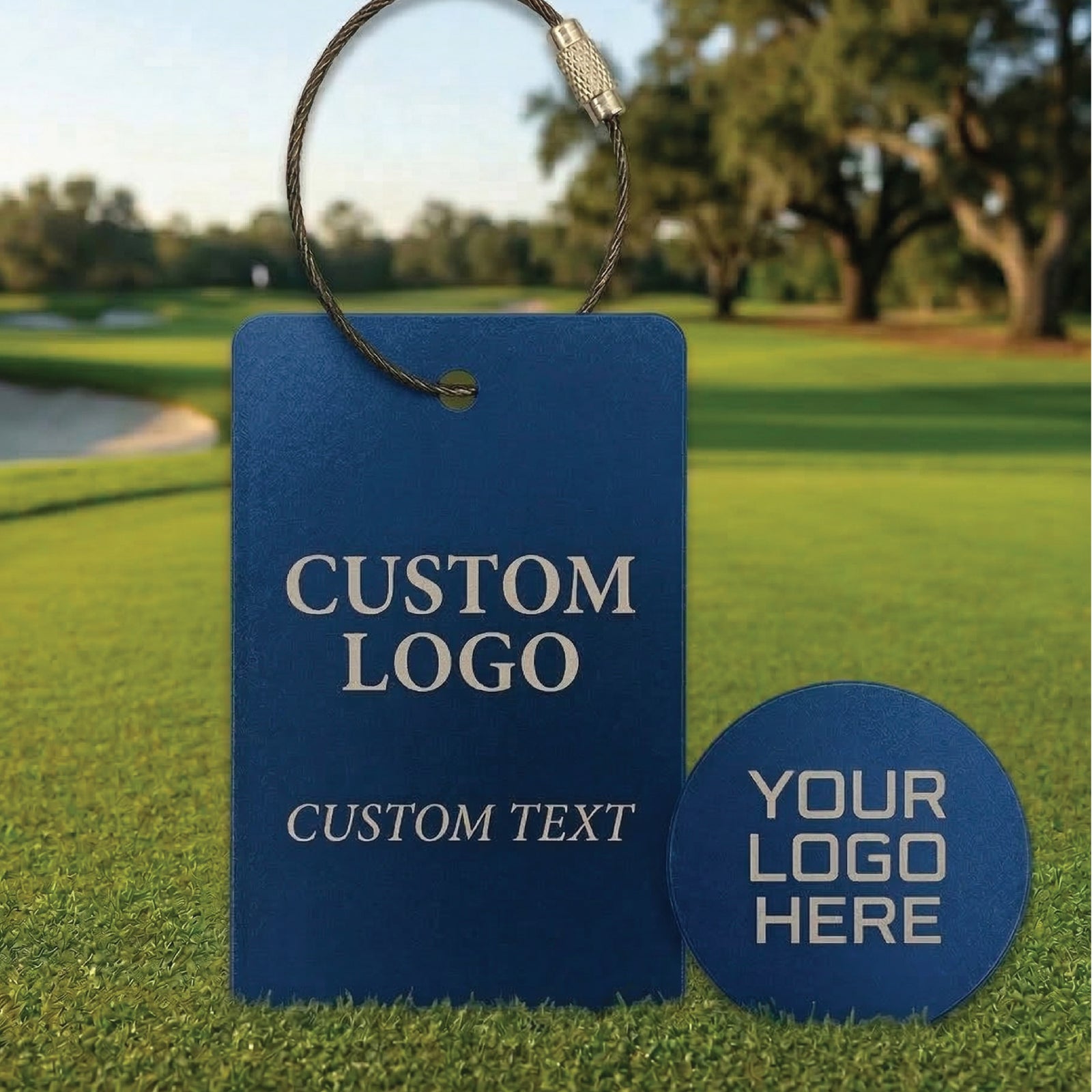 Blue rectangular bag tag and circular ball marker with sample engraved "Custom Logo" and "Custom Text" displayed on golf course grass