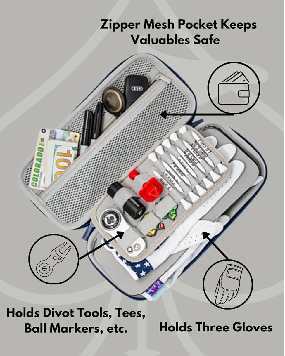 Open view of black glove caddy showing mesh zipper pocket, divot tool and tee organizer, ball marker slots, and compartments holding three golf gloves