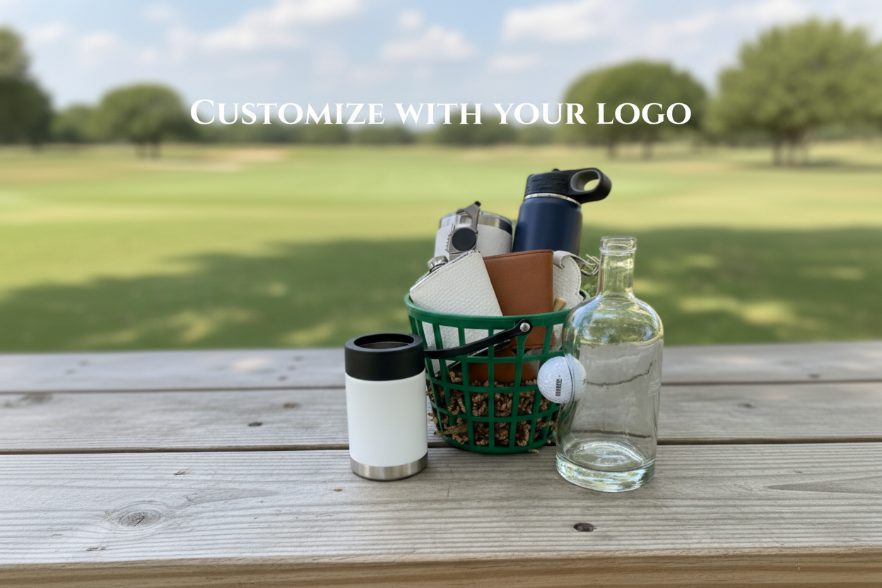 Custom tournament golf gift basket with range bucket and branded accessories