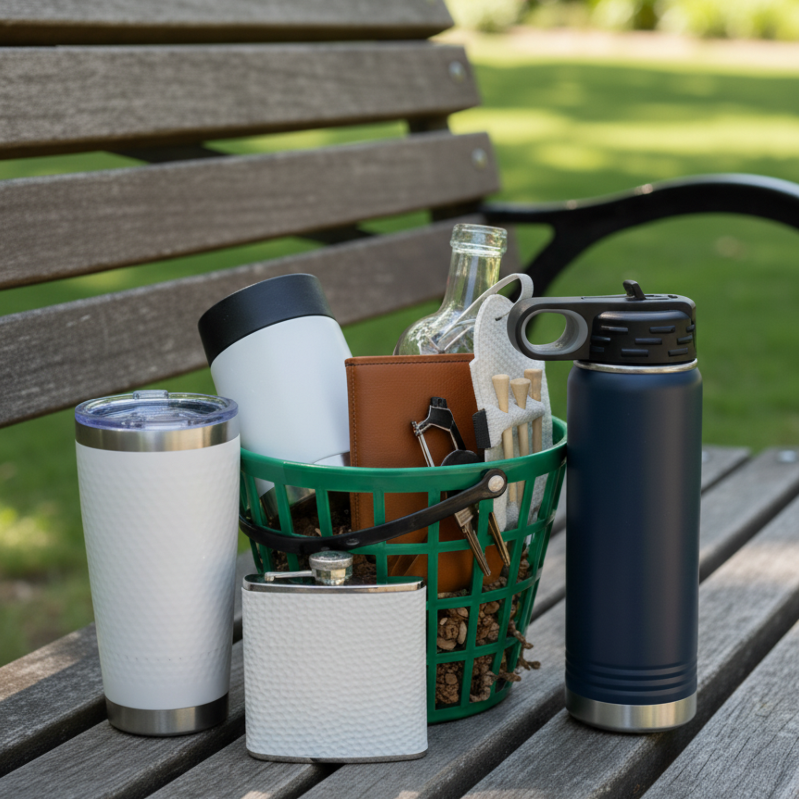 Green range bucket filled with white insulated water bottle, white tumbler, navy insulated bottle, glass decanter, brown leather bag tag, divot tool, and flask, displayed on wooden bench with grass background.