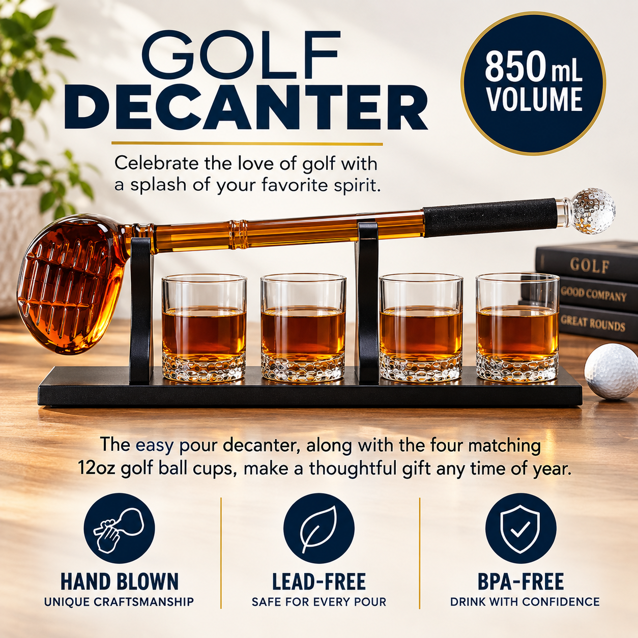 Golf-shaped decanter set with amber glass, black stand, golf club pourer, and four 12oz golf ball whiskey cups filled with amber liquid